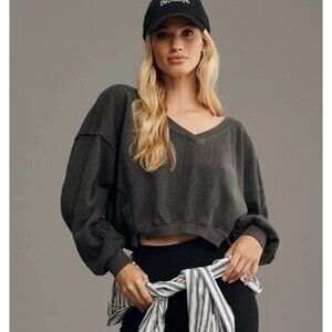 Daily Practice by Anthropologie Grasse Long-Sleeve Top Gray Waffle Medium Yoga